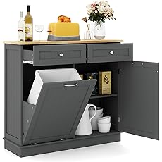 LOKO Kitchen Tilt Out Trash Cabinet, Pet Proof Trash Can Cabinet with 2 Drawers & Adjustable Shelf & Rubber Wood Tabletop, 39.5 x 14 x 35.5 inches (Black)