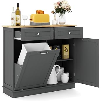 LOKO Kitchen Tilt Out Trash Cabinet, Pet Proof Trash Can Cabinet with 2 Drawers & Adjustable Shelf & Rubber Wood Tabletop, 39.5 x 14 x 35.5 inches (Black)