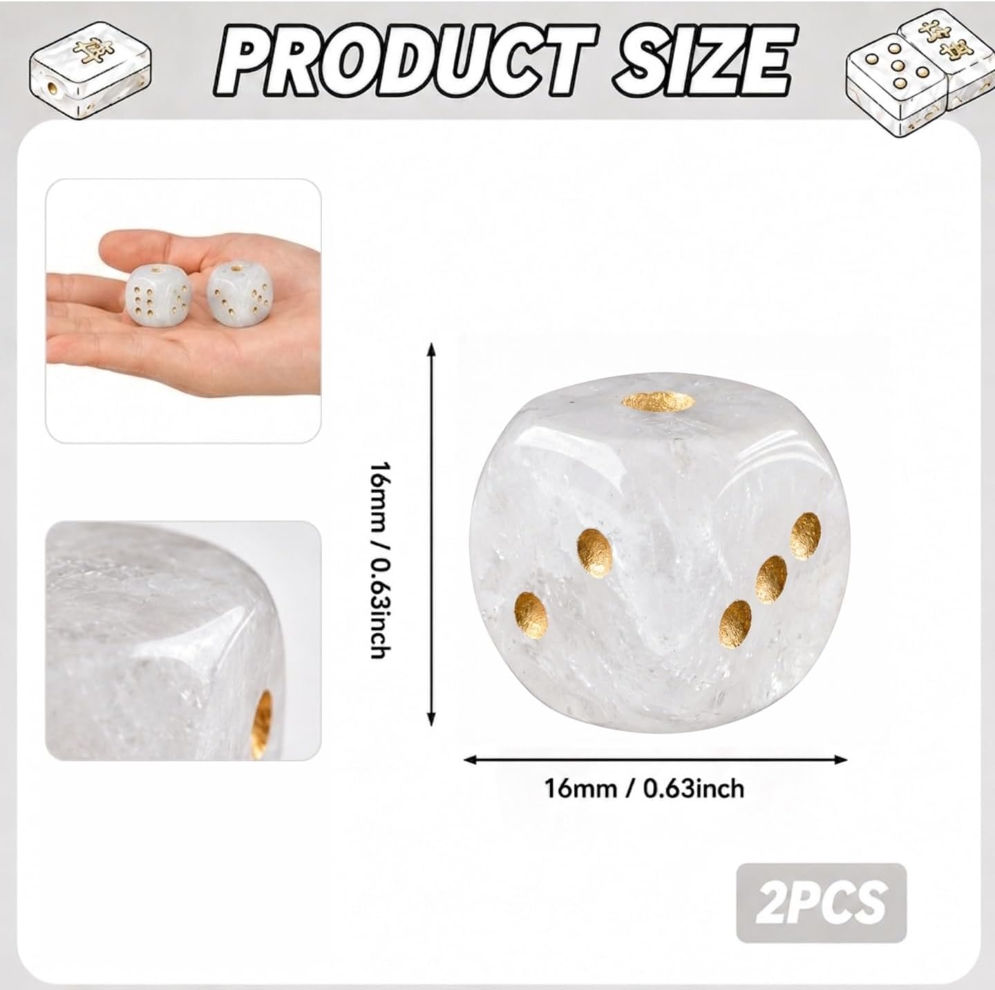2PCS Natural Gemstone Dice, 16mm Crystal D6 Mahjong Dice Set Stone Dice for Games, Accessories, Tabletop Board Games, Casino Games, Craps, DIY Crafts, Spiritual Decor and Home Decor（White Quartz） image 2