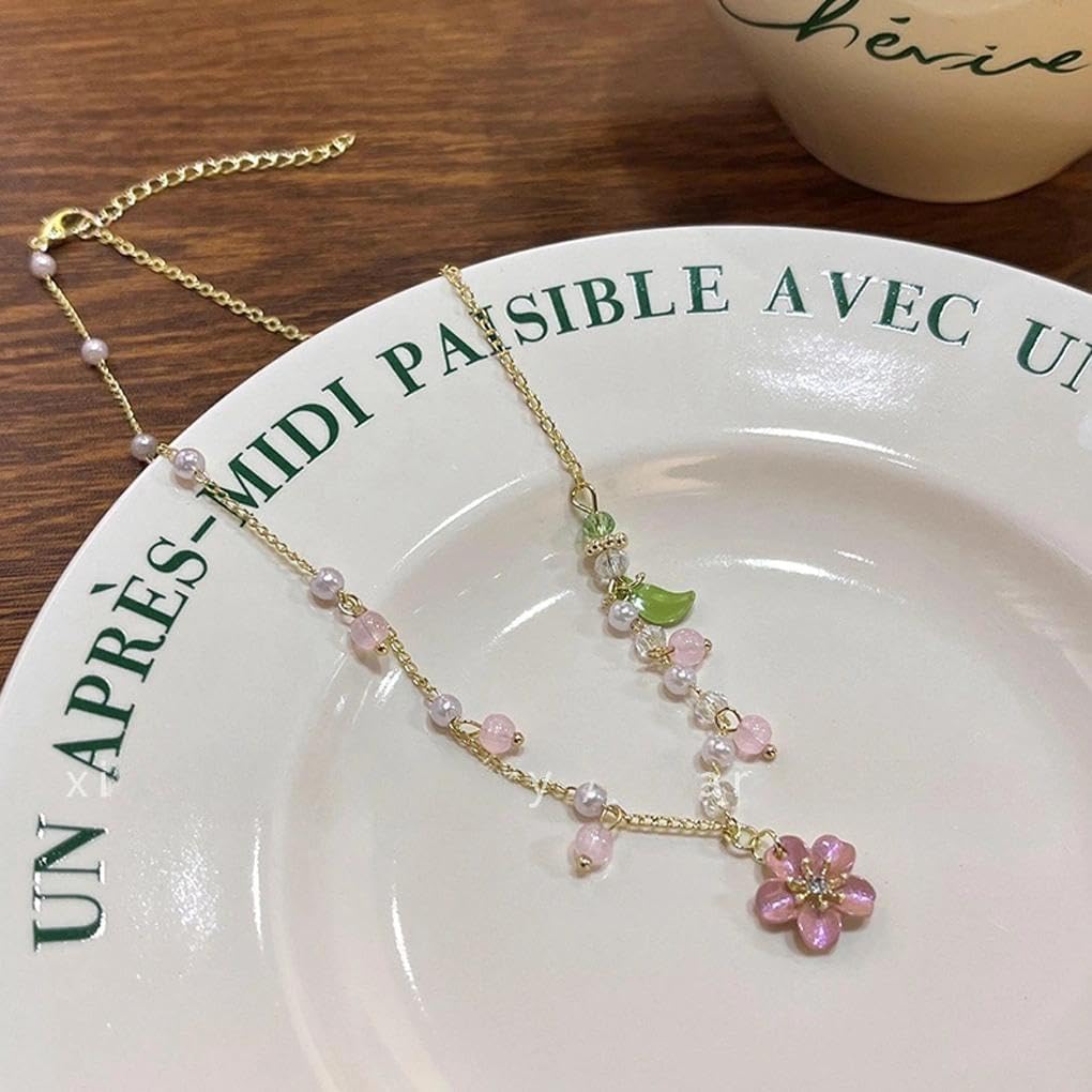 Cherry Blossom Necklace,Small Peach Flower Pendant Pearl Necklaces,Dainty Floral Tassel Necklace for Women - Image 6