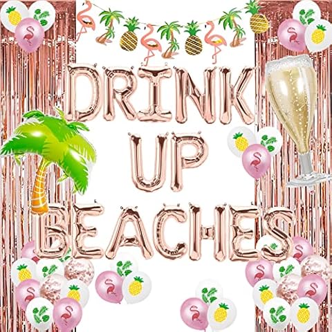 Drink Up Beaches Balloons Rose Gold Beaches Coconut Tree Champagne Bottle Bachelorette Party Banner Hawaii Luau/Tropical Summer Beach Pineapple Bridal Shower Bachelorette Party Supplies Decorations Cover