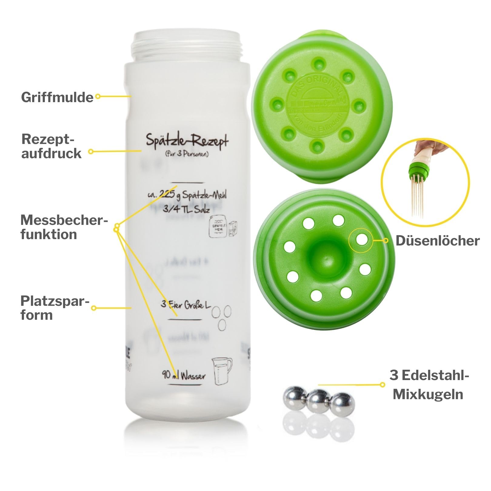 FOOD-SHAKER-SET mit 875ml-Pfannkuchen-Shaker + 4-Portionen-Spätzle-Shaker Teigmixer mit Spätzlepresse und Portionierer Patentiert Made in Germany in der Farbe GRUEN