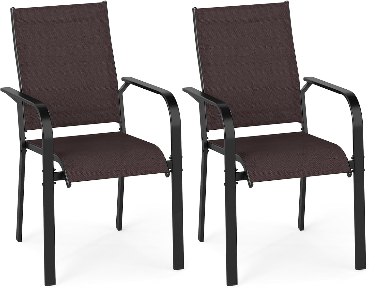 Tangkula Patio Dining Chairs Set of 2, Stackable Outdoor Armchairs with Metal Frame, Breathable Mesh Fabric, High Backrest, Patio Lawn Chairs with 350LBS Capacity for Poolside Backyard (2, Brown)