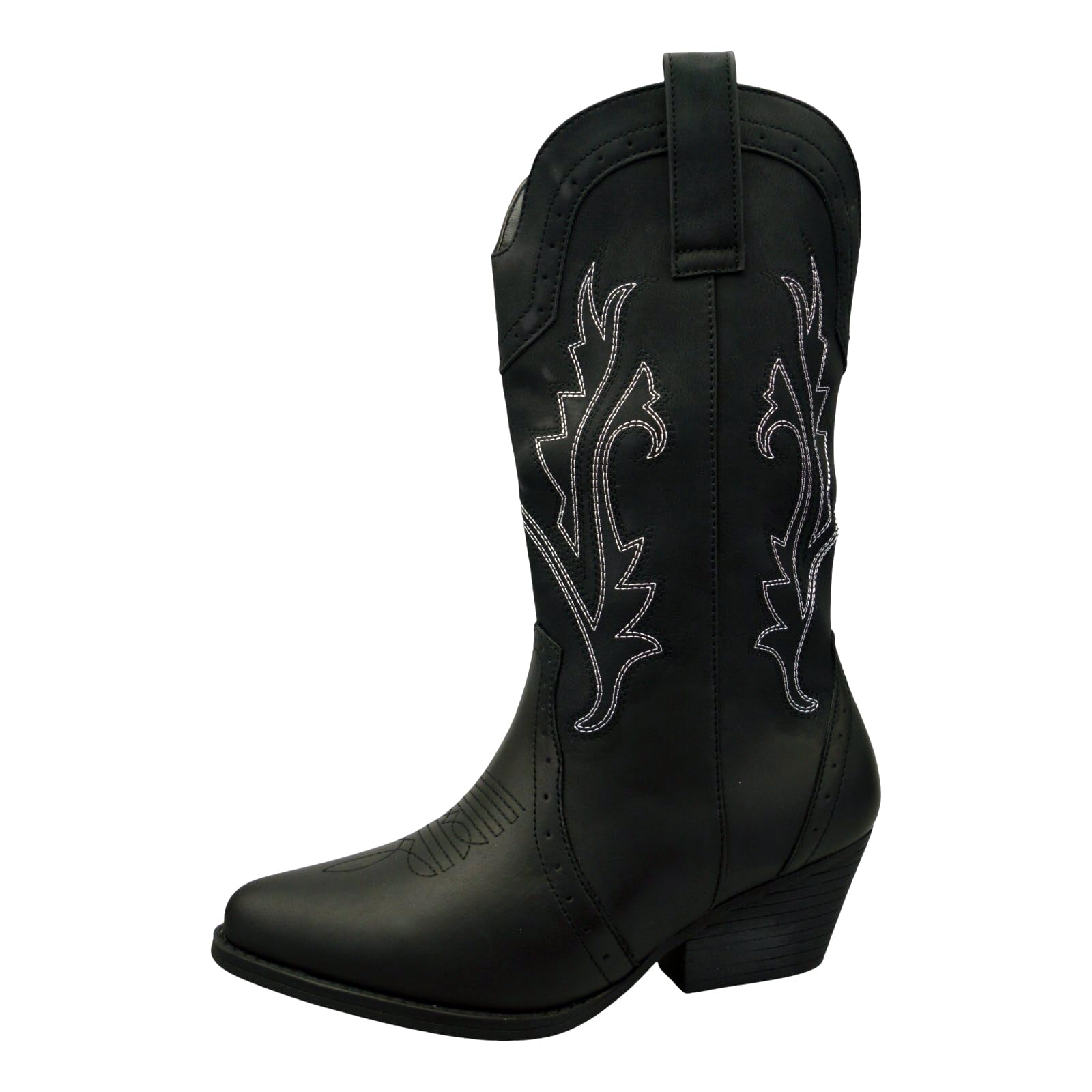 Western Cowgirl Mid-Calf Boots, Faux Leather Pull-On Style with Embroidered Design, Casual Walking Boots for Women