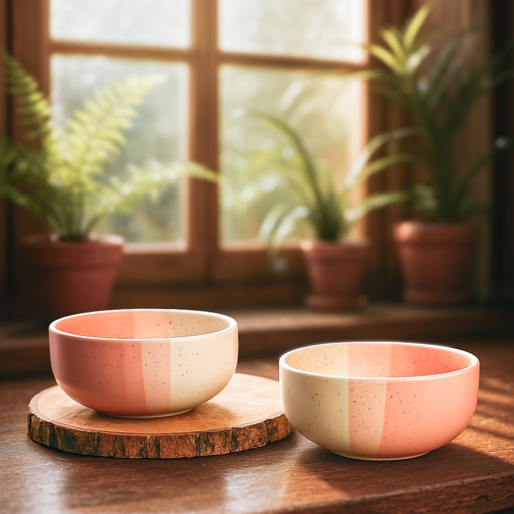IZZYLYF 'Tricolor Pink' Ceramic Snack Bowl Set of 2 (500 ml Each) | Microwave & Dishwasher Safe Bowl Set for Party, Dinner Table & Gifting | Stylish & Fancy Bowl Set for Snacks, Desserts & Salads