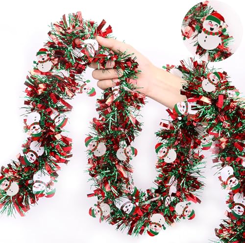 LATERN 10M Guirnalda Navideña de Oropel con Muñeco de Nieve, Rojo Verde Espumillón Metálico Guirnalda Gruesa Brillante para Árbol de Navidad Invierno Boda Cumpleaños Día Festivo Fiesta Decoración