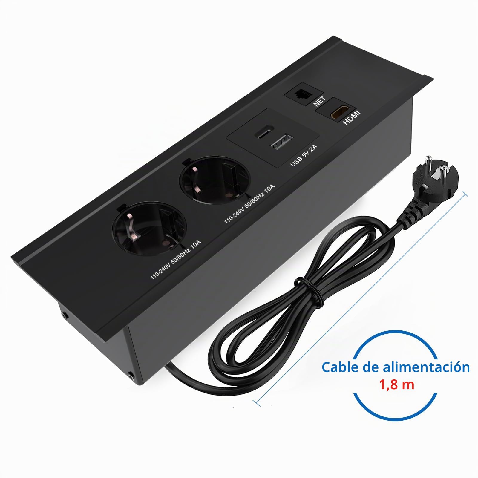 Enchufe de escritorio con cubierta deslizante, enchufe empotrado con 2 enchufes, 1 USB, 1 tipo C, interfaz de red HDMI TD, regleta eléctrica de aluminio para escritorio de oficina, cocina