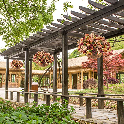 Homsunny Artificial Hanging Flower In Basket Outdoor Indoor Patio Lawn Decor,Fall Rose Flowers In Vase,Silk Flower Arrangements,Fake Rose Bouquets With Flowerpot For Garden Porch Decor(Hemispherical) #TOP3