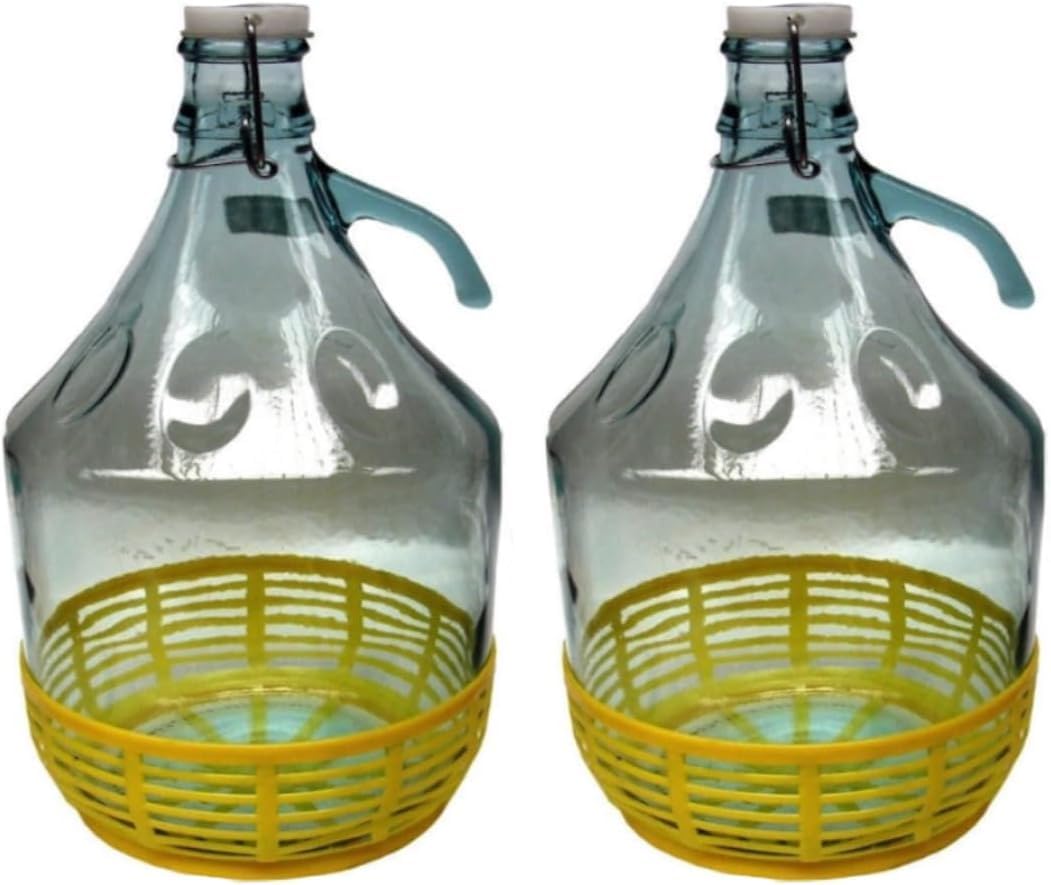 Damigiana, Fiasco, Bouteilles en verre, de 5 l, avec fermeture à bouchon hermétique et panier - Dama Verre 5L pour eau vin huile - BOCCIONE Verre pour stockage