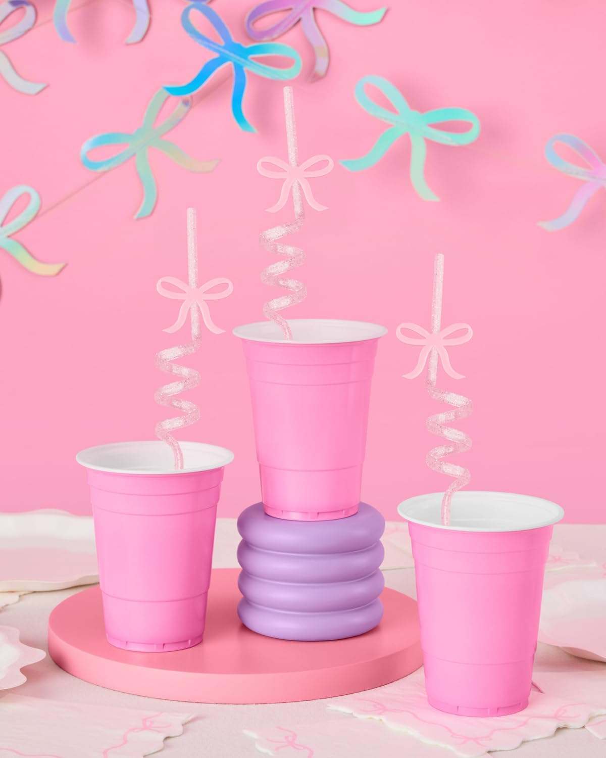 xo, Fetti Bow Reusable Glitter Straw Set - 12 pc | Pretty Bachelorette Decorations, Bow Theme Birthday Party, Bridal Engagement Drinkware, Coquette Cute Supplies, Baby Shower Tableware, Tea Decor - Image 4