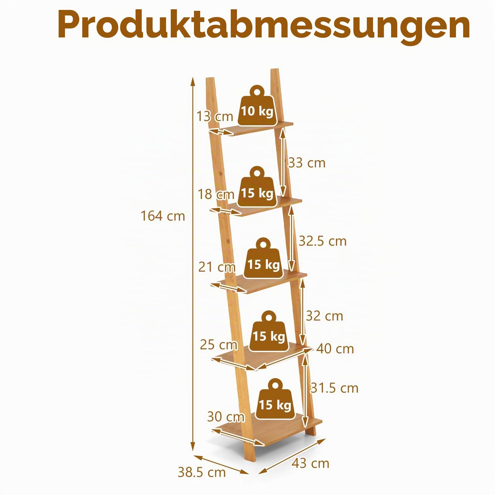 HOMASIS Leiterregal mit 5 Ebenen, Bücherregal aus Bambus, schmales Aufbewahrungsregal Standregal für Wohnzimmer, Schlafzimmer, Arbeitszimmer, 43 x 38,5 x 164 cm, Natur