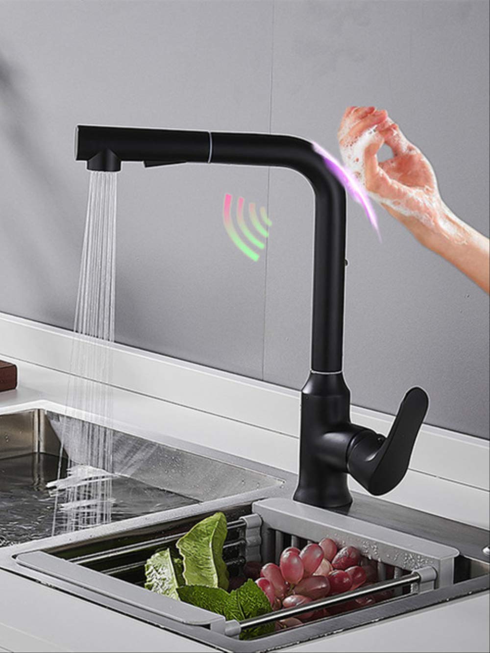 ZYCHSJXA Chrome Touch Kitchen Faucet Quality Brass Pull Out Sink Faucets Intelligent Sensitive Tap Smart C-Black-Touch