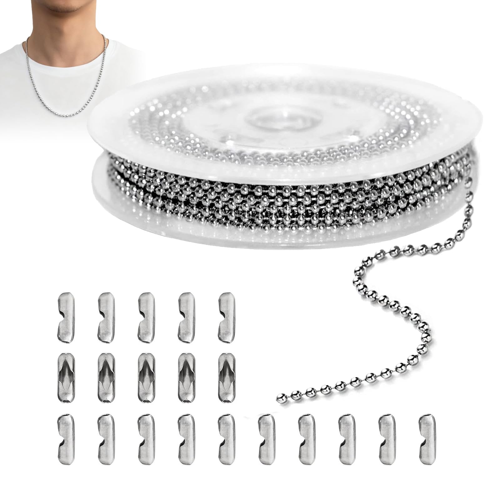 poraceous 2 Stück Perlen-Rollenkette mit 10 M Kugelkette, Edelstahl Perlen Rollenkette, Kugelkette Edelstahl Perlen, Perlen-Rollenkette Silber, für DIY Schmuckherstellung Tags Kette Schlüsselanhänger