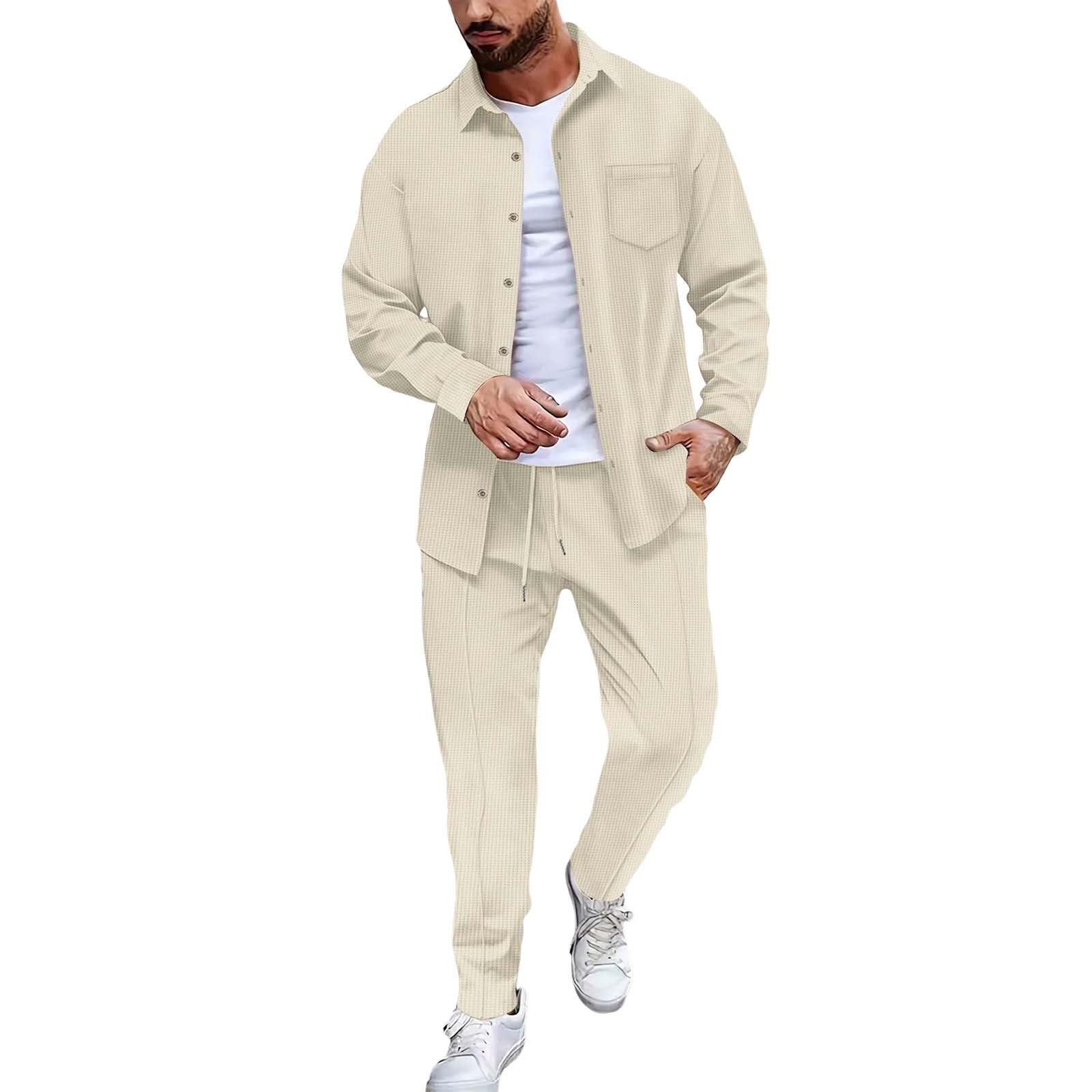 Generisch Set di tuta da uomo per il tempo libero, tinta unita, comodo, tuta da jogging, 2 pezzi, tuta da uomo, abbottonatura, alla moda, a maniche lunghe, con motivo a nido d'ape