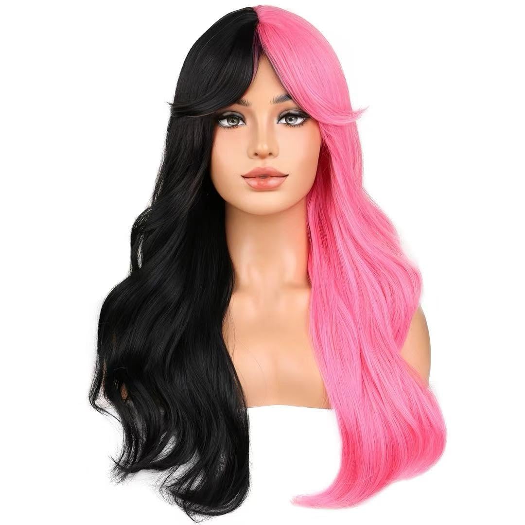 BERON Black and Pink Wigs Long Wavy Wig with Bangs for Women Girls Two Tone Curly Heat Resistant Synthetic Hair Wigs for Cosplay Costume Party or Daily