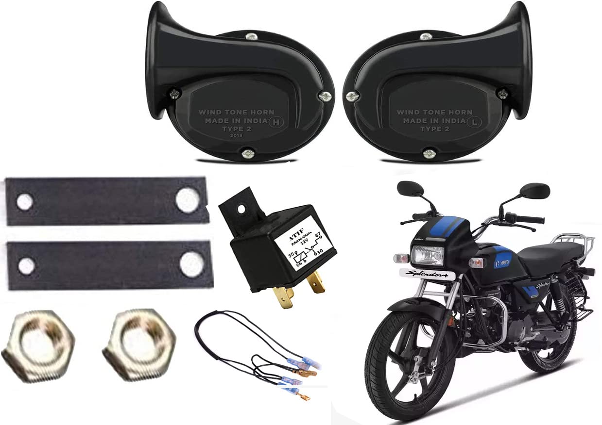 ATIF� BLACK HORN HERO BIKE Sound (Low + High) 12 V Compatible SET of 2 dual tone HERO BIKE (BLACK HORN & RELAY & WIRE HERO BIKE)