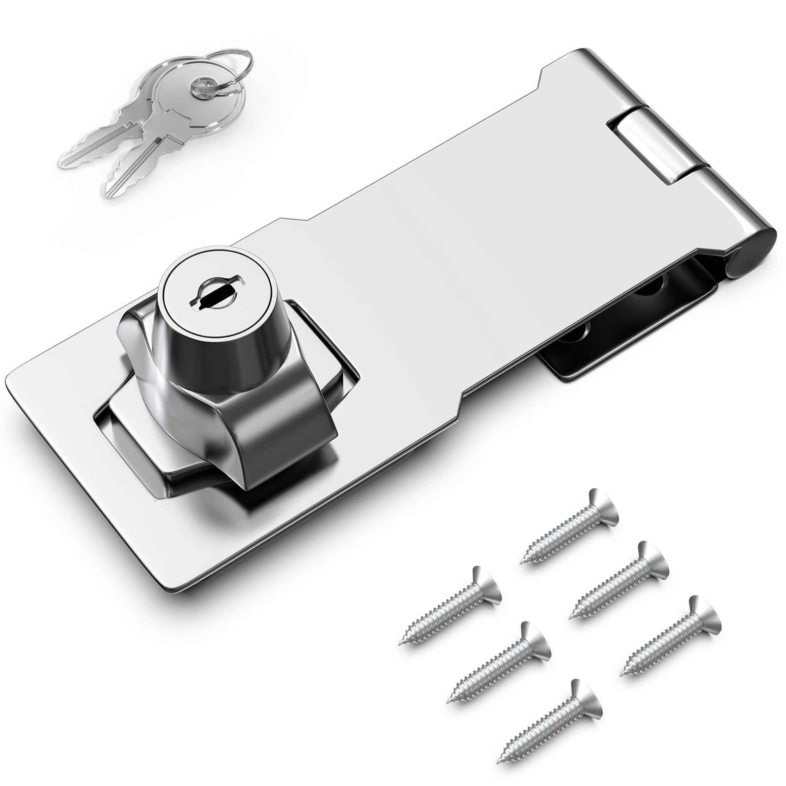 4 Inch Keyed Hasp Lock for Cabinets &amp; Small Doors, Twist Knob Design, Heavy Duty Zinc Alloy with Chrome-Plated Iron, Includes Keys &amp; Screws, Silver