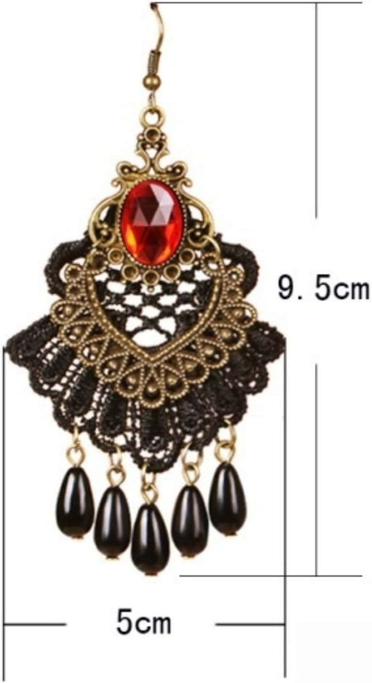 Gothic Lace Earrings for Women,Vintage Red Black Gemstone Dangle Drop Earring Statement Punk Style Tassel Earrings Victoria Dark Costume - Image 4