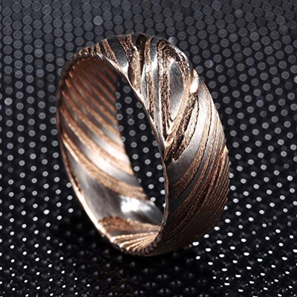(8mm) Unisex or Men's Rose Gold and Damascus Tungsten Carbide Wedding Ring Band. Rose Gold and Silver Accented Wood Grain Swirl Design.