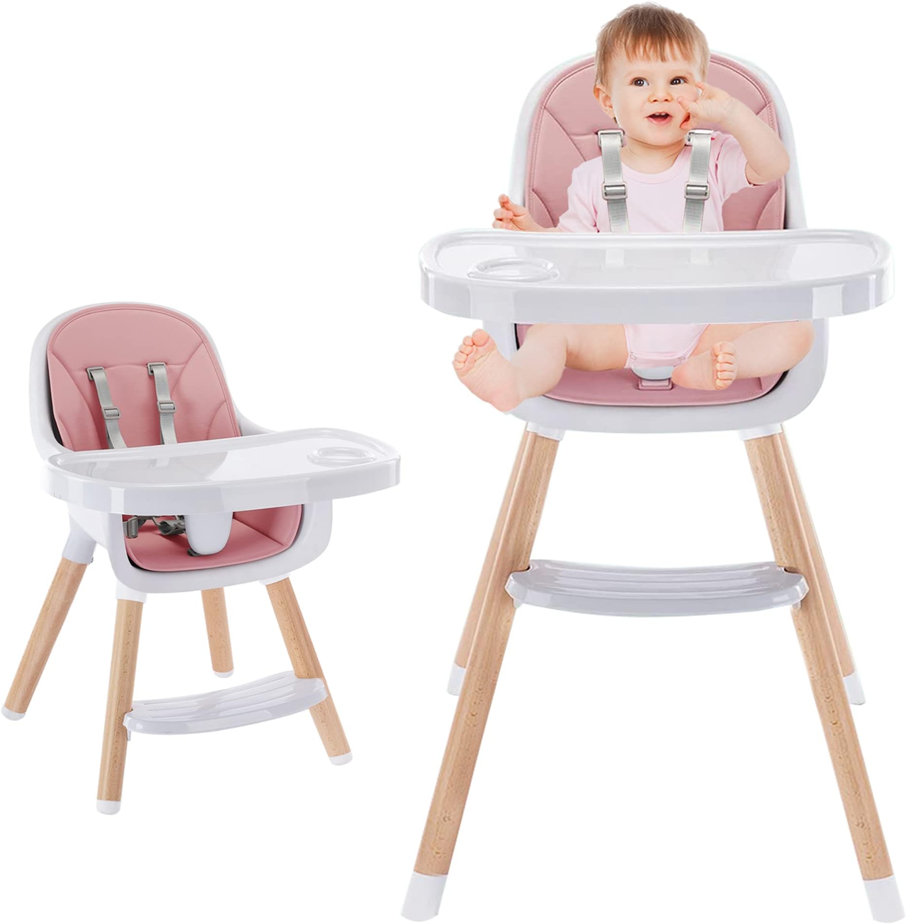 SIMFLAG Baby High Chair | 3-in-1 Wooden High Chair for Baby/Infants/Toddlers | Booster Feeding Seat | Adjustable Legs and Tray |Modern Design,Pink