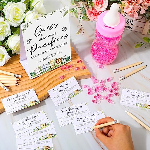 Image of Roowest 512 Pcs Baby Shower Games Guess How Many Pacifiers Sign 100 Small Guessing Games 10 HB Pencils 750ml Milk Bottle 400 Acrylic Pacifiers Decoration for Guest Gender Reveal(Pink,Animal)