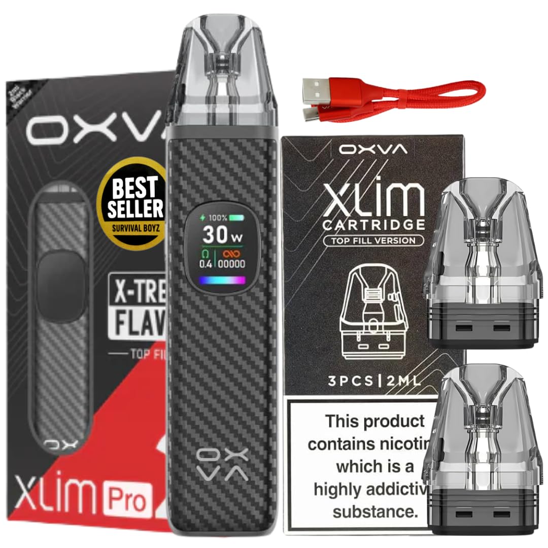 Oxva Xlim Pro 2 Pod Kit [Black Warrior + 3 Pack Xlim Pods 0.6] - Available in 24 colours, 2A Fast Charge, 1300mAh Battery, 0.56" Ultra-HD Color Screen - No Nicotine