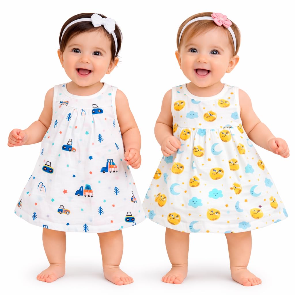 Cotton Muslin Chain Frock for New Born Baby Girls, Cute All Over Print Soft Muslin Dress Frock for Baby Girl Muslin Cotton Clothes White Sleeveless Dresses Assorted Print.-image-23