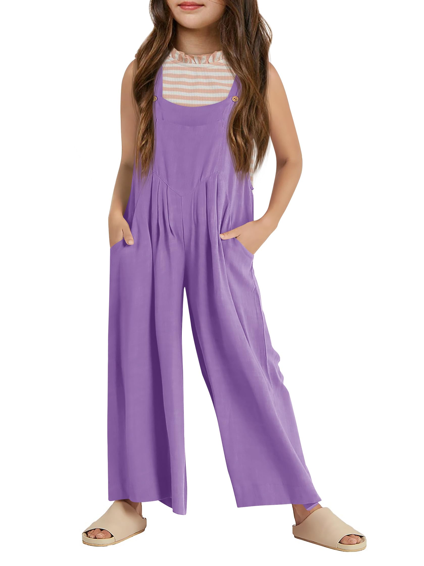 Haloumoning Girls Overalls Kids Casual Sleeveless Wide Leg Jumpsuit Loose Rompers with Pockets 5-14 Years
