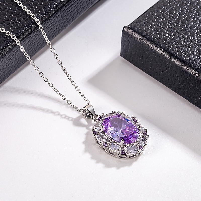 Purple Zirconia Necklace for Women Elegant Cubic Zirconia Pendant Stainless Steel Birthstone Jewelry, 18+2″ Adjustable Chain Dainty Gift for Birthday, Bridesmaids, Anniversary - Image 4