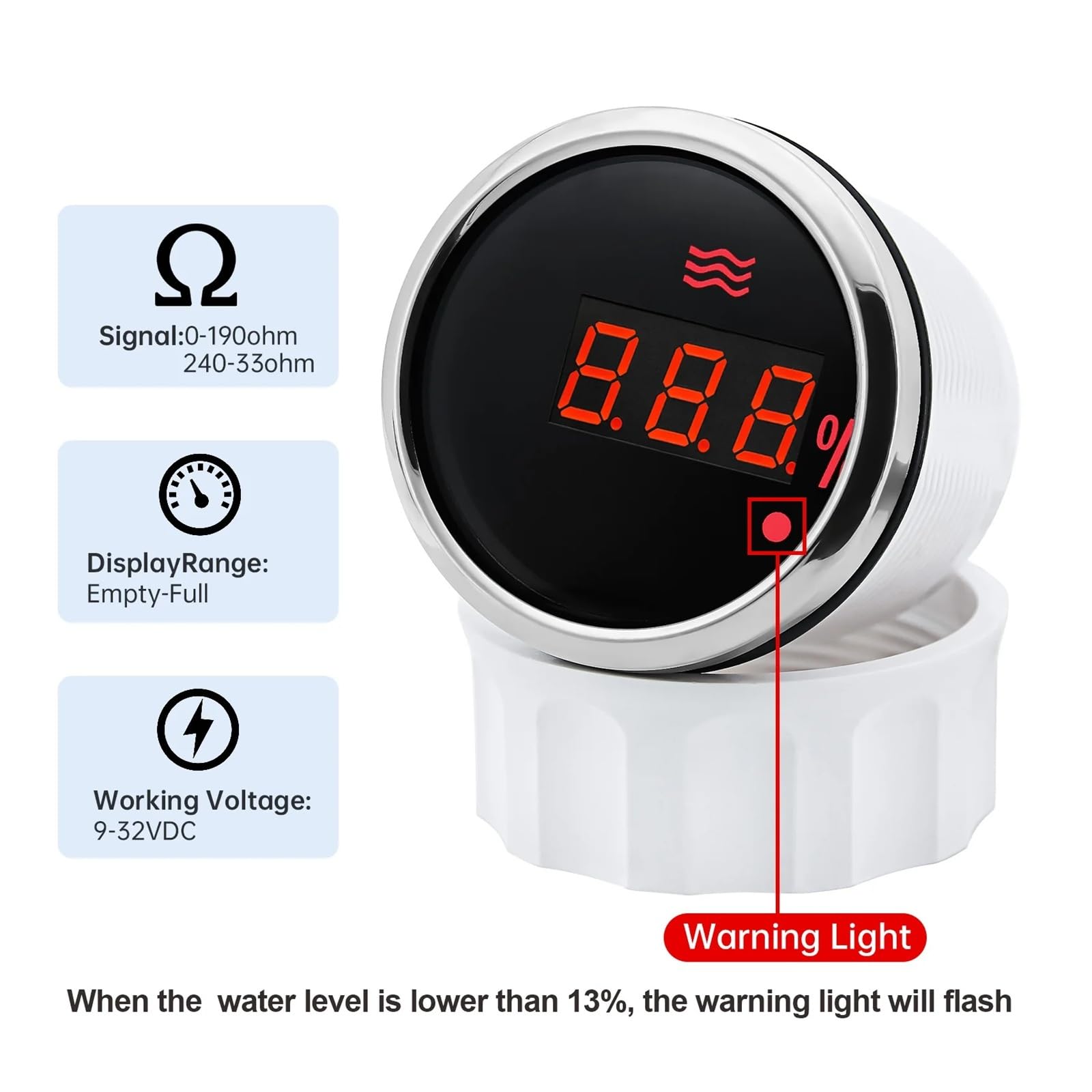 Jauge de niveau d'eau numérique rétro-éclairé rouge 0-100%, avec alarme 0-190ohm,240-33ohm, indicateur de réservoir d'eau 52mm Lectures claires(0-190 ohm BS)