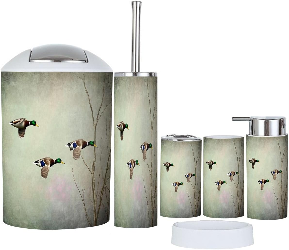 Bathroom Accessories Set 6 Pcs Flight Mallard Ducks Toothbrush Holder Cup Soap Dispenser Soap Dish Toilet Brush Holder Trash Can for Countertop Decor