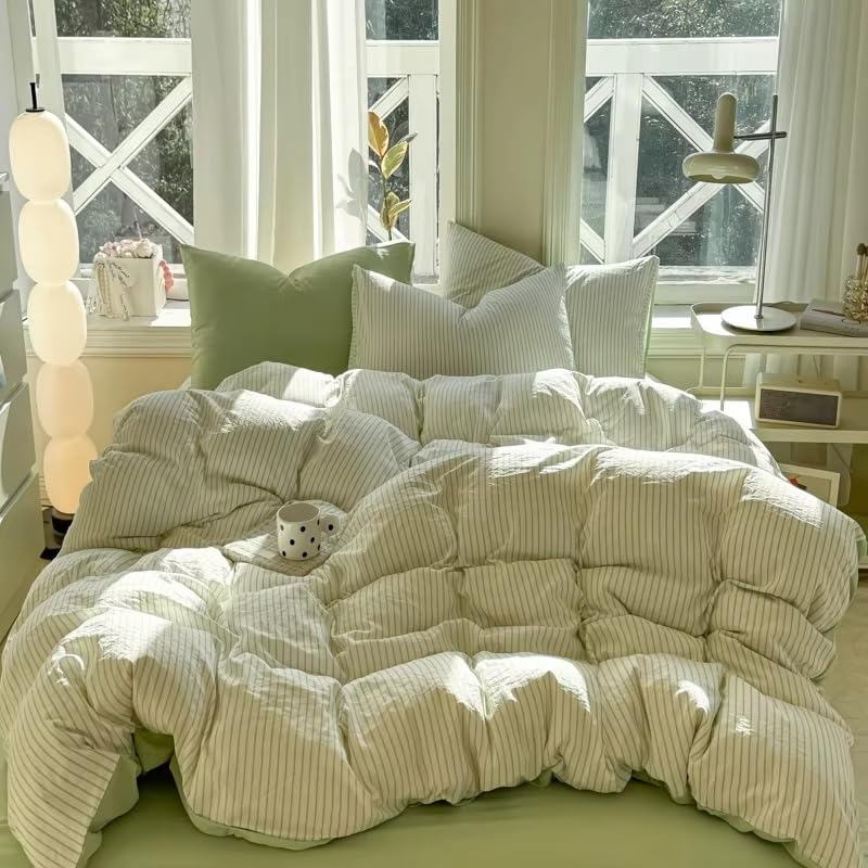 Housse de couette à rayures vertes japonaise 140x200 pour une chambre de fille zen et cosy