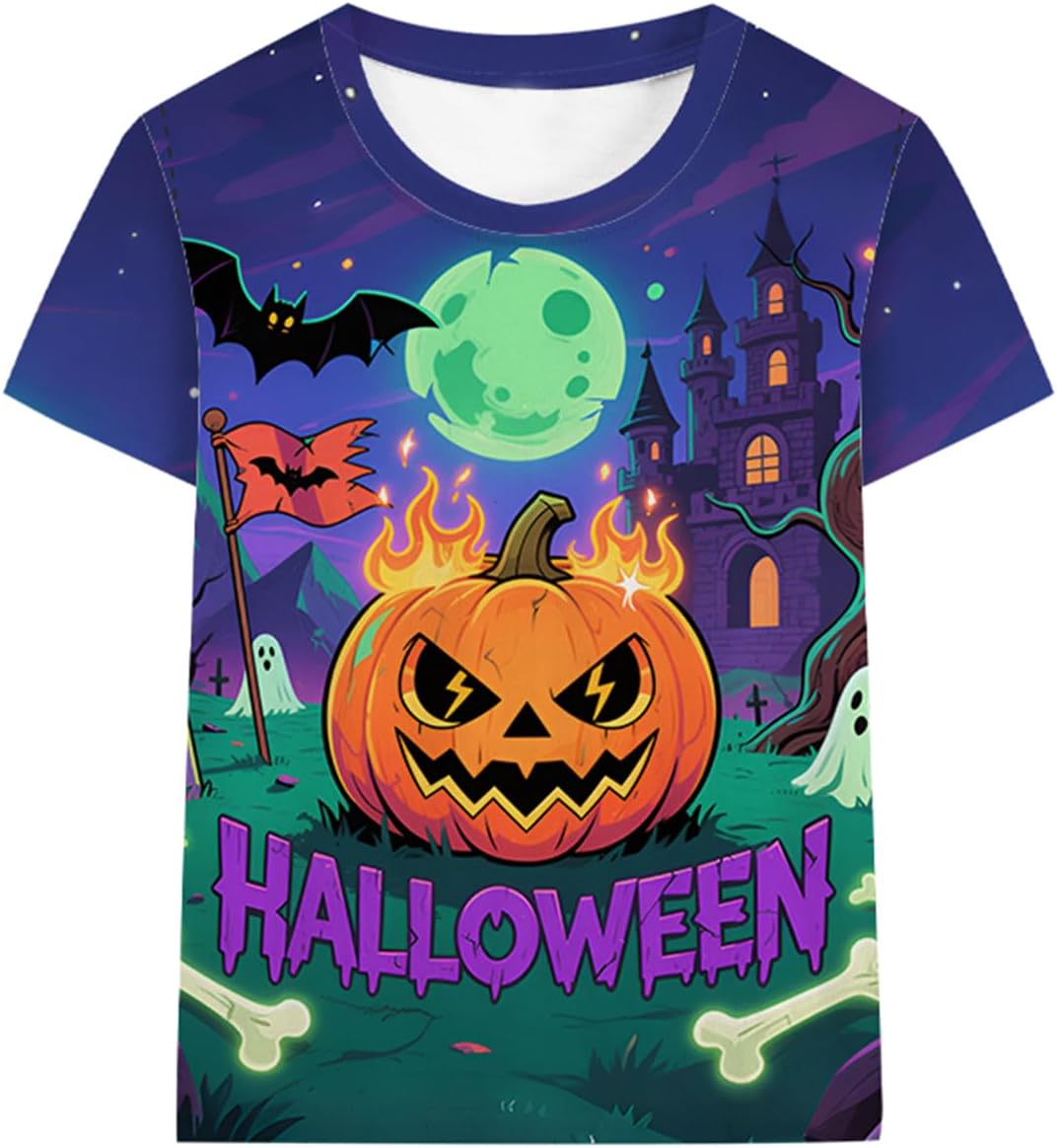CM-Kid Boy Halloween Shirt Pumpkin Skeleton Soccer Basketball Truck Short Sleeve Tshirt for Kids Boy 4-10 Years
