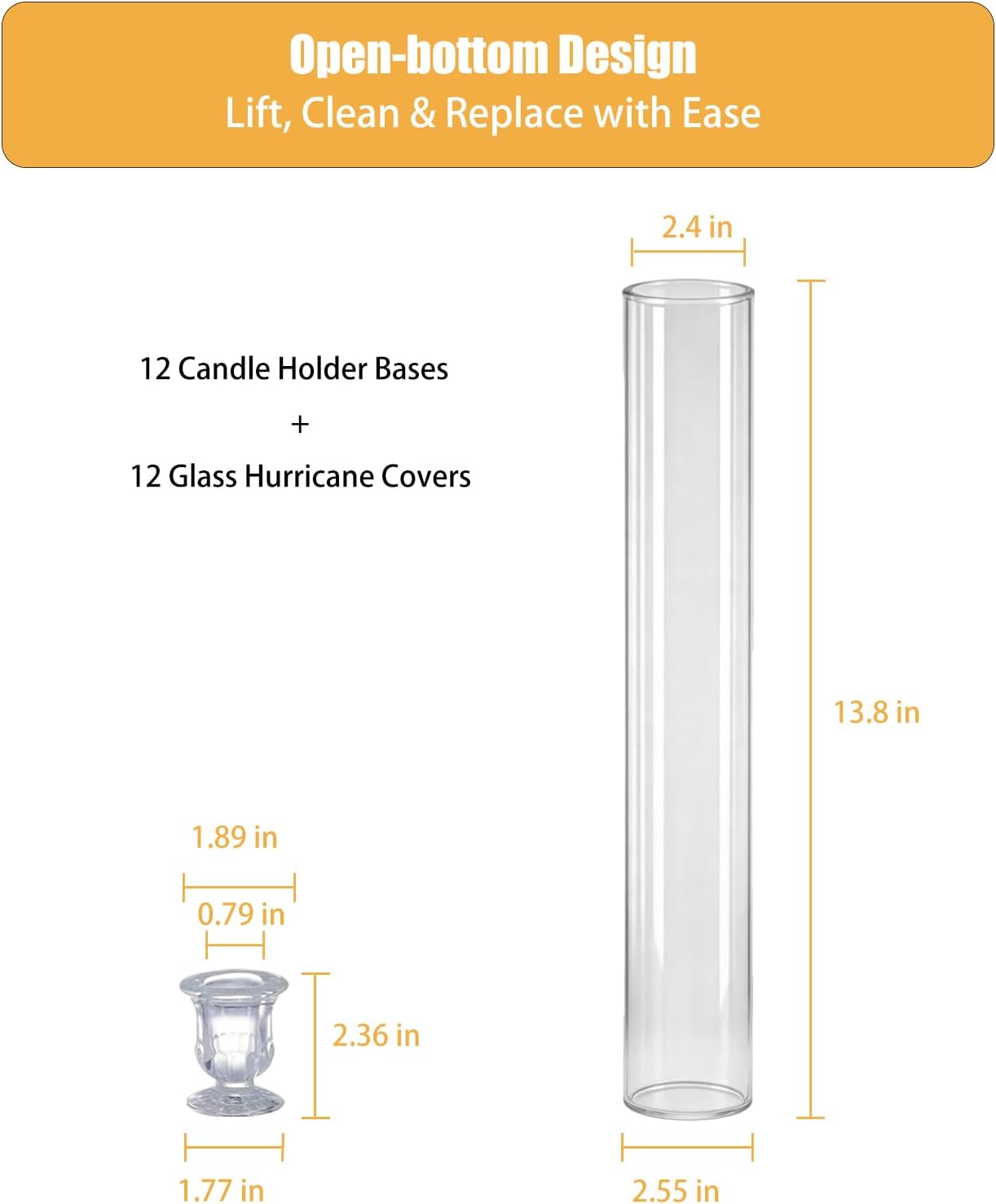 Glass Hurricane Candle Holders – 12 Clear Cylinder Covers & 12 Taper Candlestick Holders, 2.6" D x 13.8" H Windproof Candle Holders for Wedding, Patio Table, Outdoor Christmas Party Décor (12)