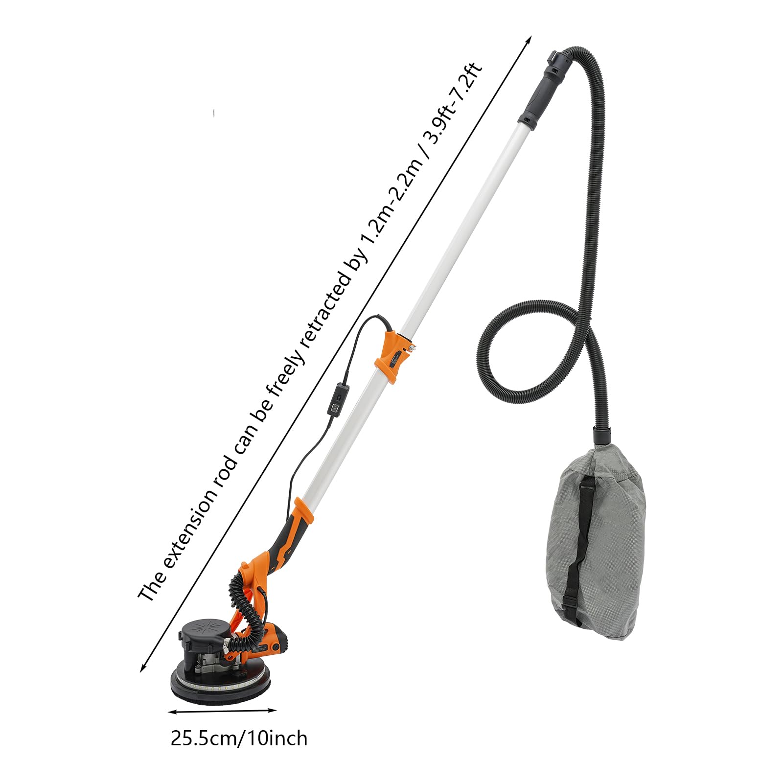 Wand & Deckenschleifer 750W Trockenbauschleifer, Wandschleifer mit LED und Teleskopstiel, Deckenschleifer mit Automatischem Vakuumsystem, 0-90°, Ø 225mm, 800-1800RPM (Orange)