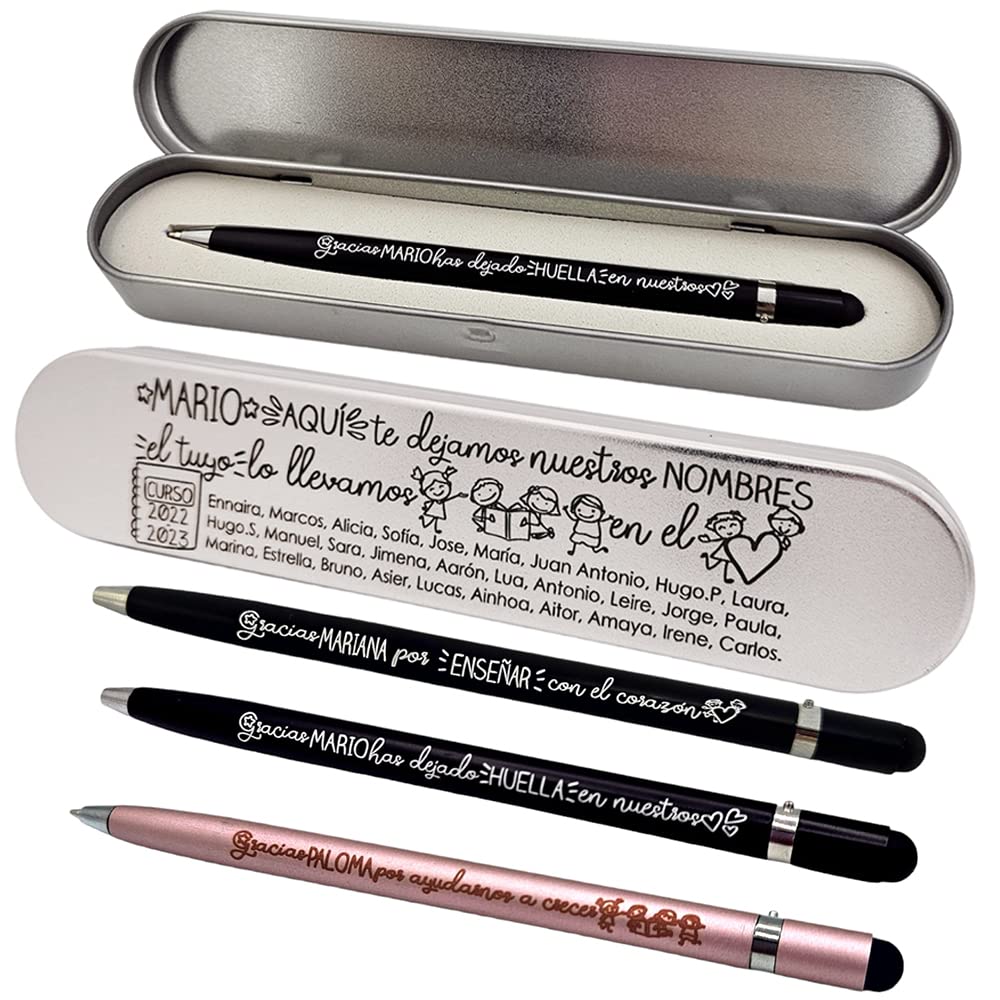 Bolígrafo personalizado para profesores. Incluye estuche con dedicatoria que contiene los nombres de los niños, curso. Regalos para profesores. MOD3 (Bolígrafo Negro)