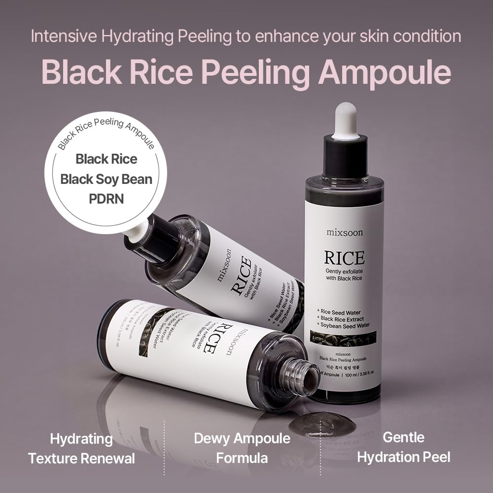 mixsoon Black Rice Peeling Ampoule - Esfoliante Viso con Estratto di Riso Nero, Complesso di Soia e PDRN di Riso, Siero Idratante per una Trasparenza Affinata e una Radiosità Vitale, 100ml