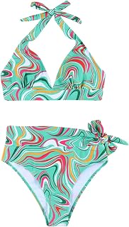 Bikini Pantalones Mujer Bikini Conjunto de Bikini con Personalidad Moda Cómodo Estampado Vintage Hojas Color Puro Cinturón Top con Cordones