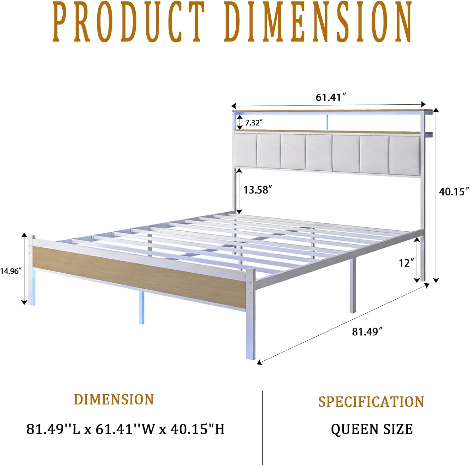 Queen Size Bed Frame with Charging Station and LED Lights, White Upholstered Headboard with 2-Tier Storage Shelves, Metal Bed Frame with Headboard, No Box Spring Needed, Easy Assembly, White