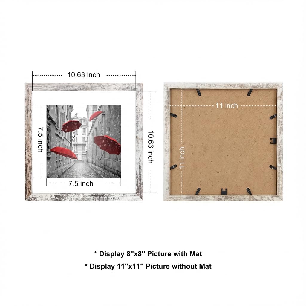 Finefrarm Ramka na zdjęcia 11 x 11, obrazy 20 x 20 cm z matą lub 11 x 11 bez maty, rustykalny styl, kwadratowe ramki na zdjęcia do montażu na ścianie