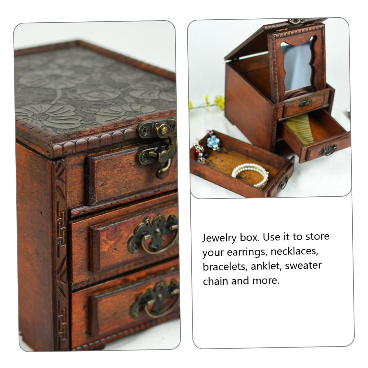 Joyero de Madera Organizador Elegante Estilo Chino Vintage con Espejo, Caja para Pendientes y Collar con Excelente Acabado para Almacenar Joyas en Días Obsequios
