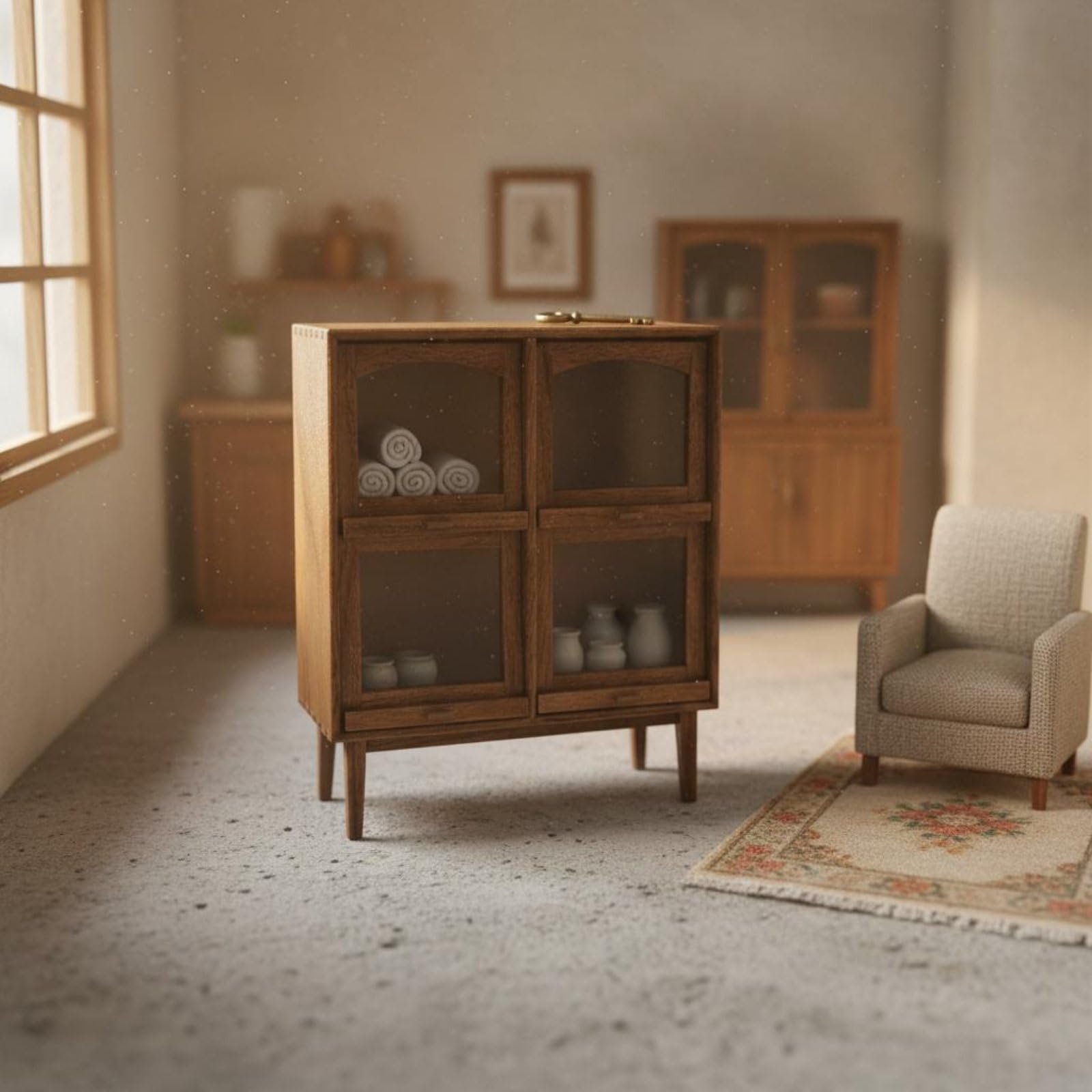Colcolo Mini Credenza in Miniatura Armadio Vetrina Scaffale in Legno con Struttura Artigianale E Vetro Scorrevole Stile Minimal Rustico Adatta a Collezionisti, Tradizionale, Rustico-B