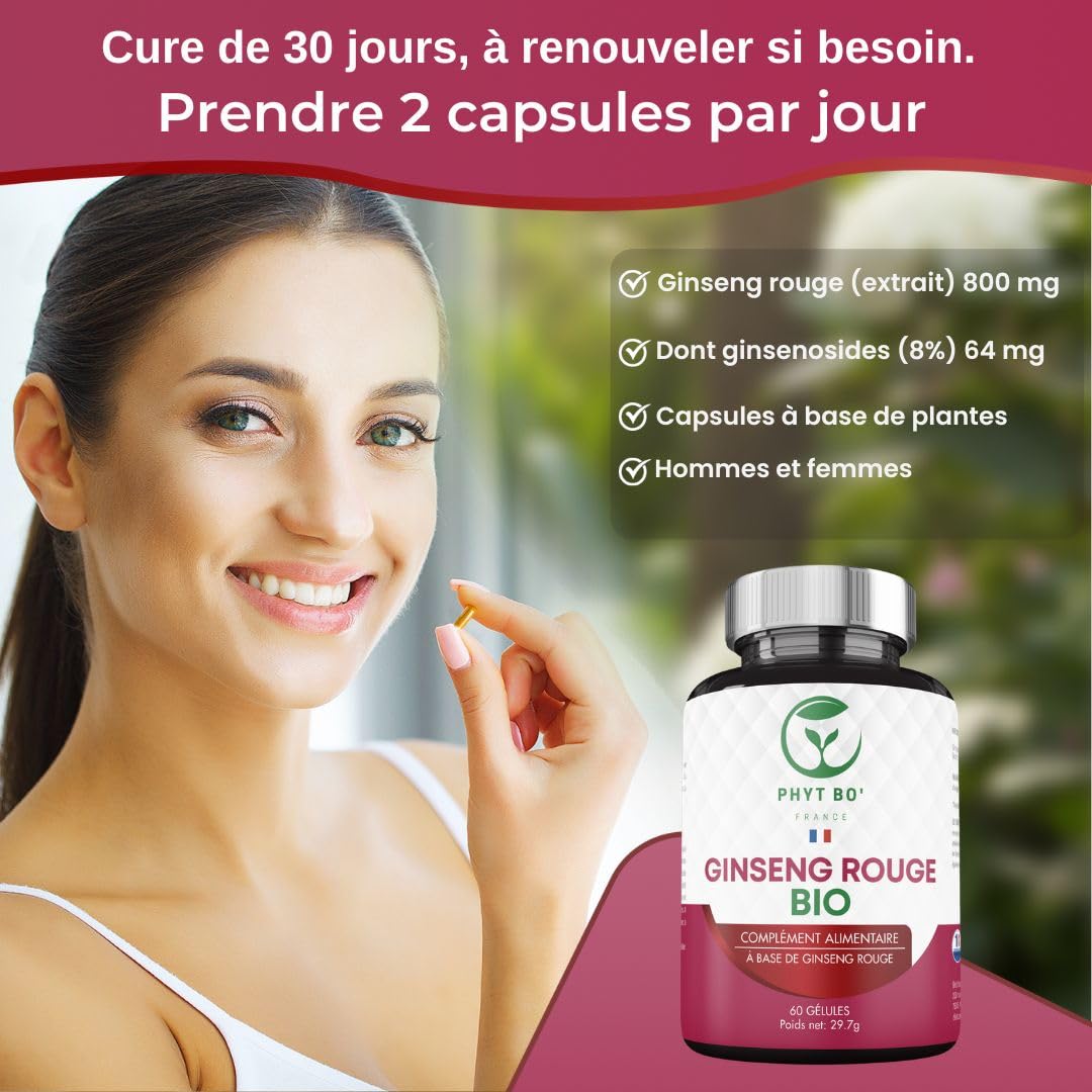 Phyt Bo’ Ginseng Rouge Bio Panax – 90 Gélules Végétales – Qualité Premium – Pur et Naturel - Certifié Bio – Sans Additifs ni Conservateurs
