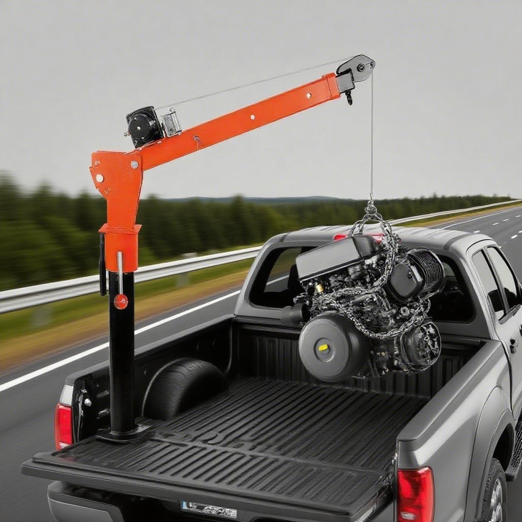 1100lbs Truck Hitch Crane & Foldable Truck Bed Hoist, 12V 3500Lbs Electric Winch, 360° Swivel Hitch Crane for Heavy-Duty Factory Lifting