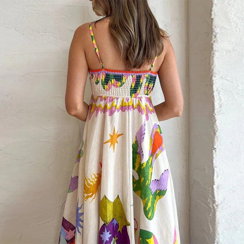 Whimsical Animal Print Maxi Dress, Strapless Empire Waist, Multi-Color Summer Dress with Artistic Pattern4