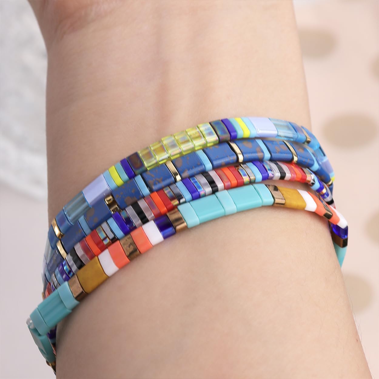 Sonateomber Tila Flat Beaded Stretch Strand Bracelets for Women Trendy Boho Friendship Handmade Black Pink Red Square Beads Stackable Elastic Bracelet Fashion Jewelry Gifts - Image 3