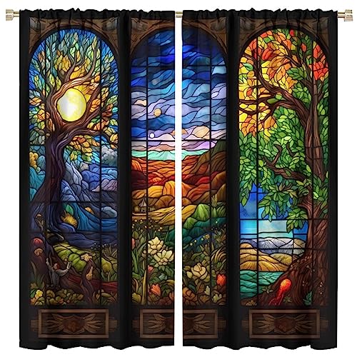 Colorful Stained Glass Curtains, Vintage Stained Glass Curtains, Mosaic Art Beautiful Nature Scenery Stained Glass Art Window Treatment for Living Room Bedroom Kitchen 21
