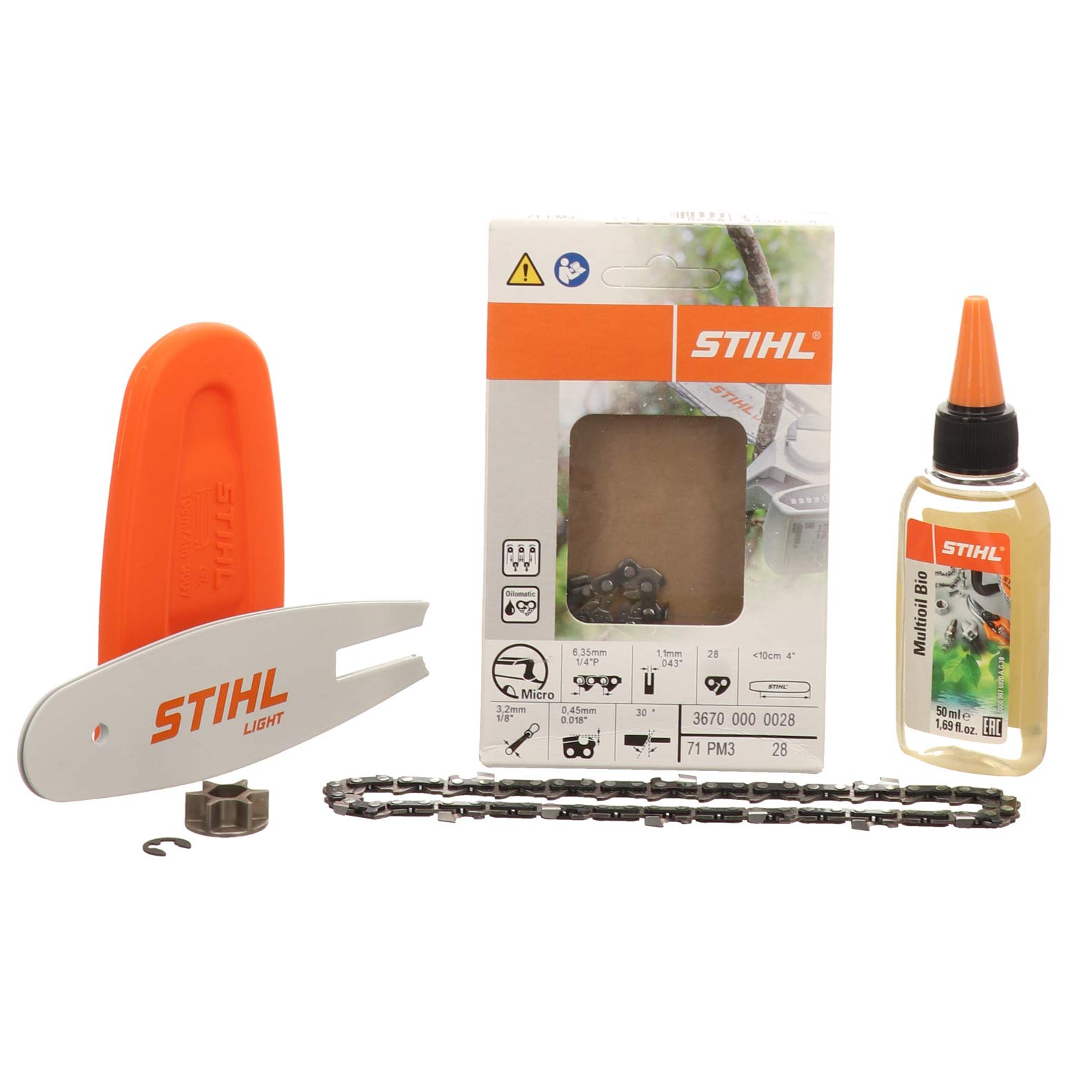 Joist Kettensägenteile - Ersatzteile-Set für Kettensägen - Führungsschiene, Kette, Kettenschutz, Kettenrad und Multioil Bio für STIHL GTA 26