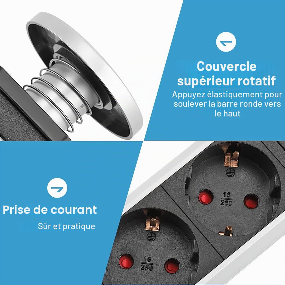 Multiprise escamotable avec USB - 4 prises - En aluminium - Avec interrupteur - Pour bureau et cuisine