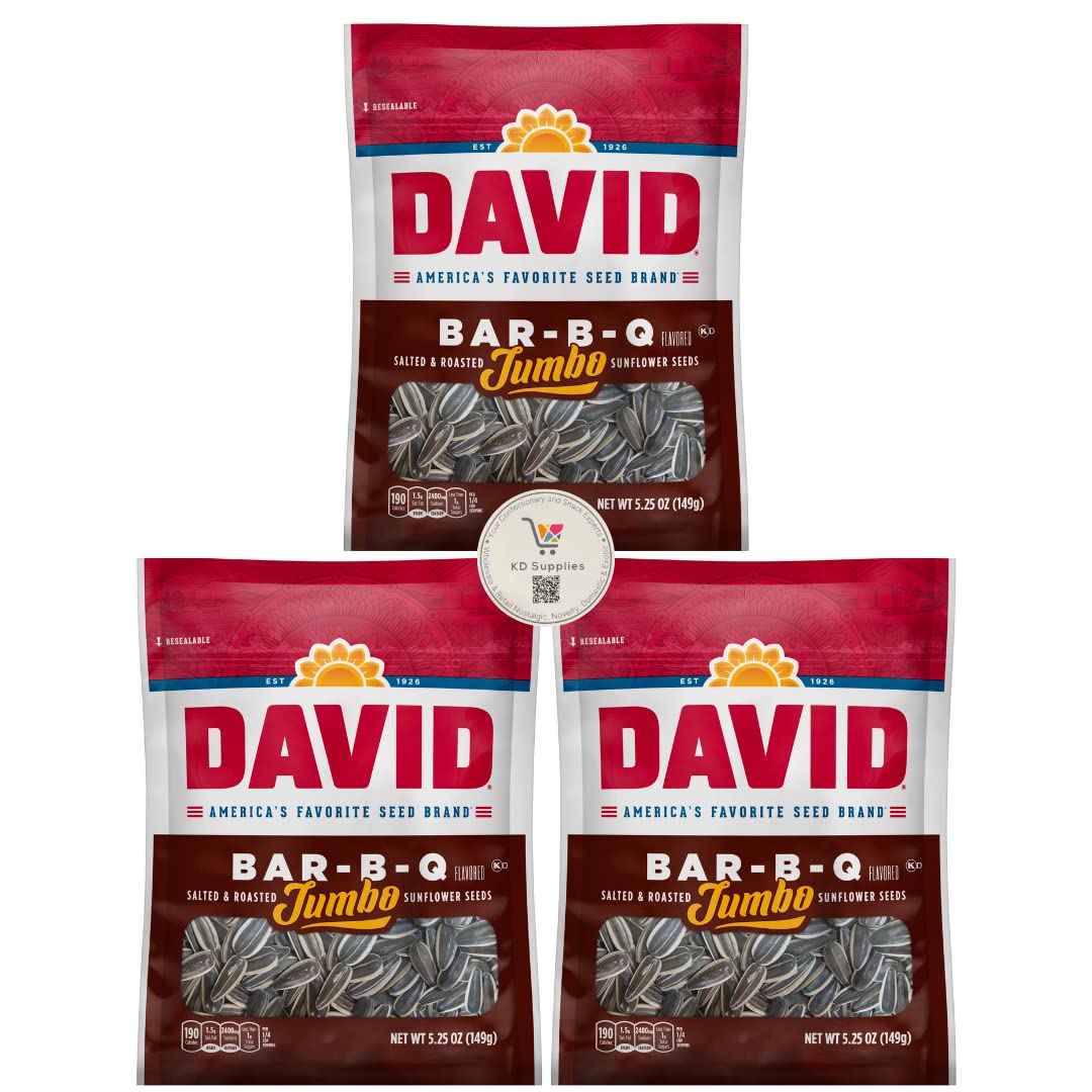 KD Supplies David's Salted & Roasted Sunflower Seeds, (Pack of 3) 5.25 oz Bags (Barbeque)